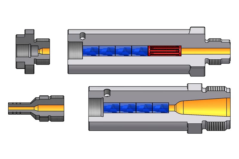 OFS-Mischdüse Typ FMD optional mit Innengewinde, Filtration, Verschlussfunktion, Nadelsitz und Tauchansatz. 
