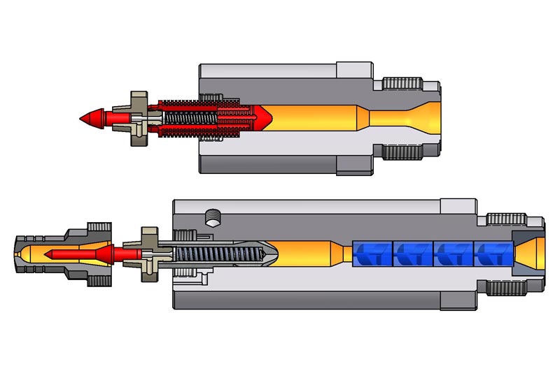 OFS-Federverschlussdüse Typ FV optional mit Innengewinde,  Mischeinsatz, Filtration und Tauchansatz. 