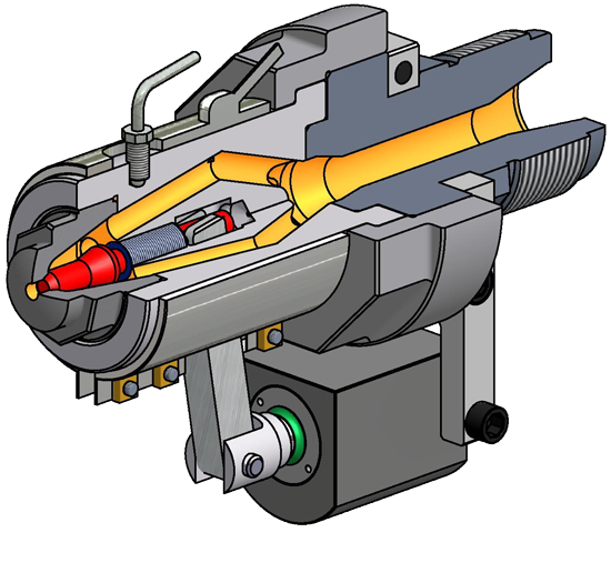 Die Nadelverschlussdüse wird mittels pneumatischer oder hydraulischer Ansteuerung geschlossen und geöffnet.